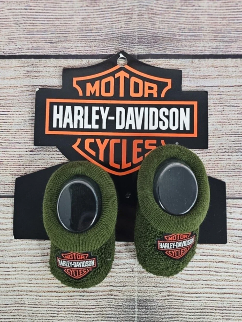 NWT Baby Harley-Davidson Olive Green Infant Booties with Patch